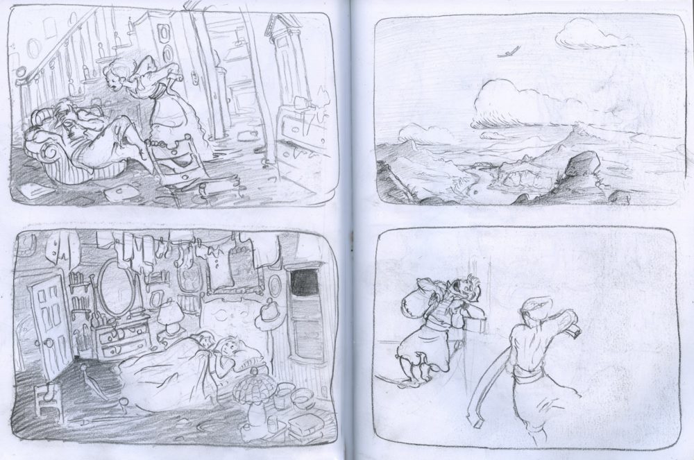 sketchbook drawing storyboard panels