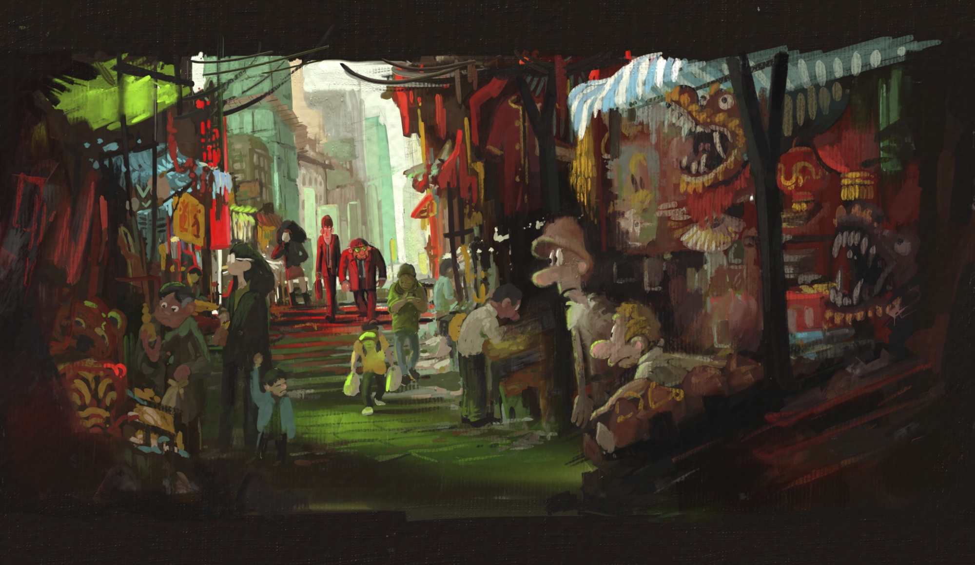 ArtRage digital oil painting of a back alley chase in Hong Kong