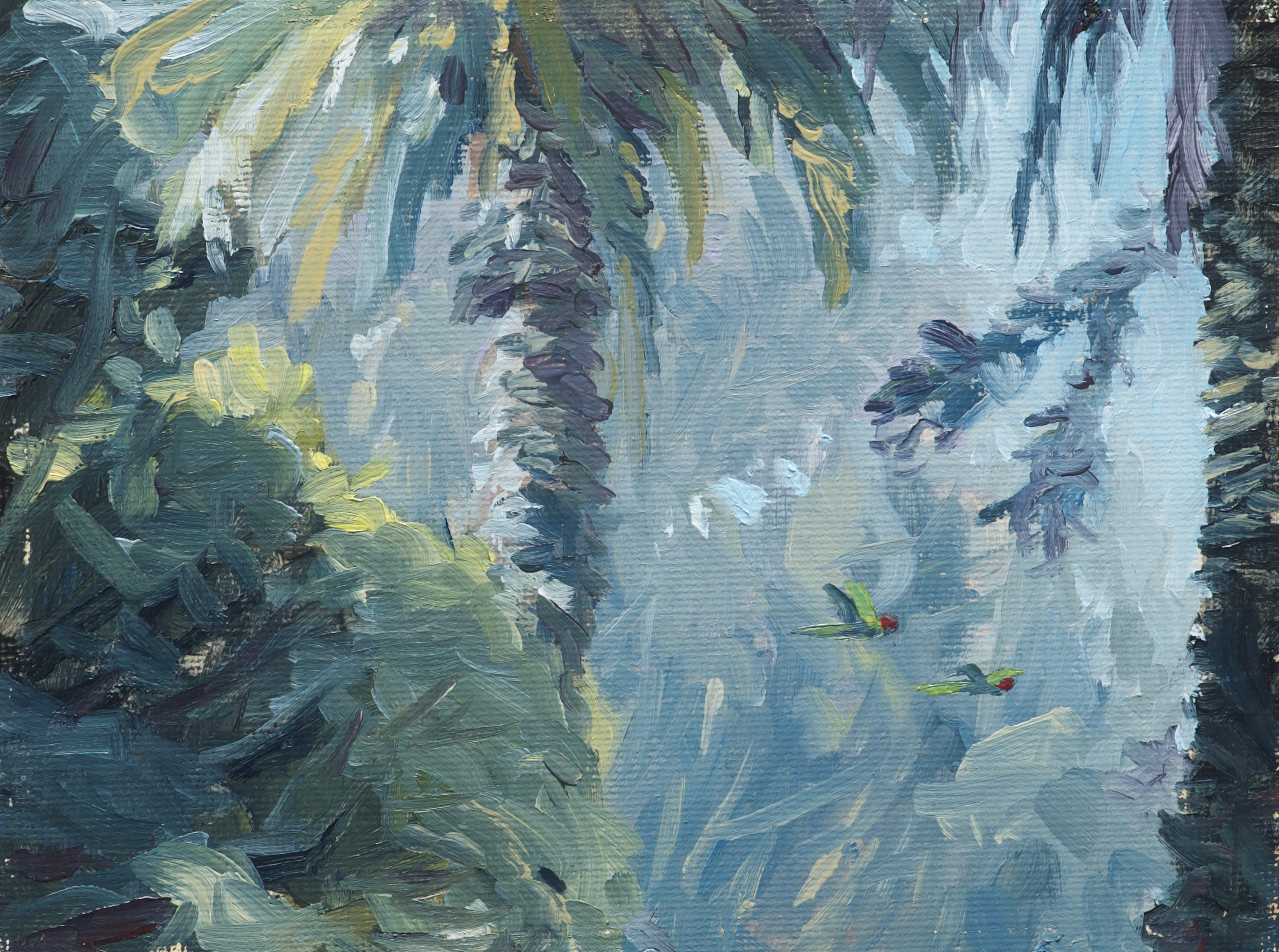 plein air painting by Sterling Sheehy of parrots in the presidio 