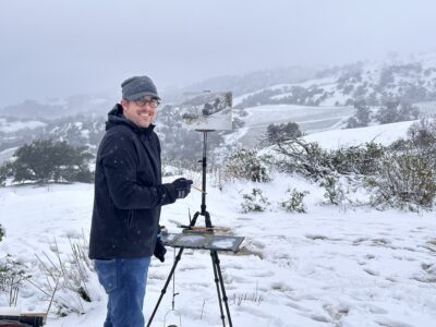 Sterling Sheehy painting in the snow in AV